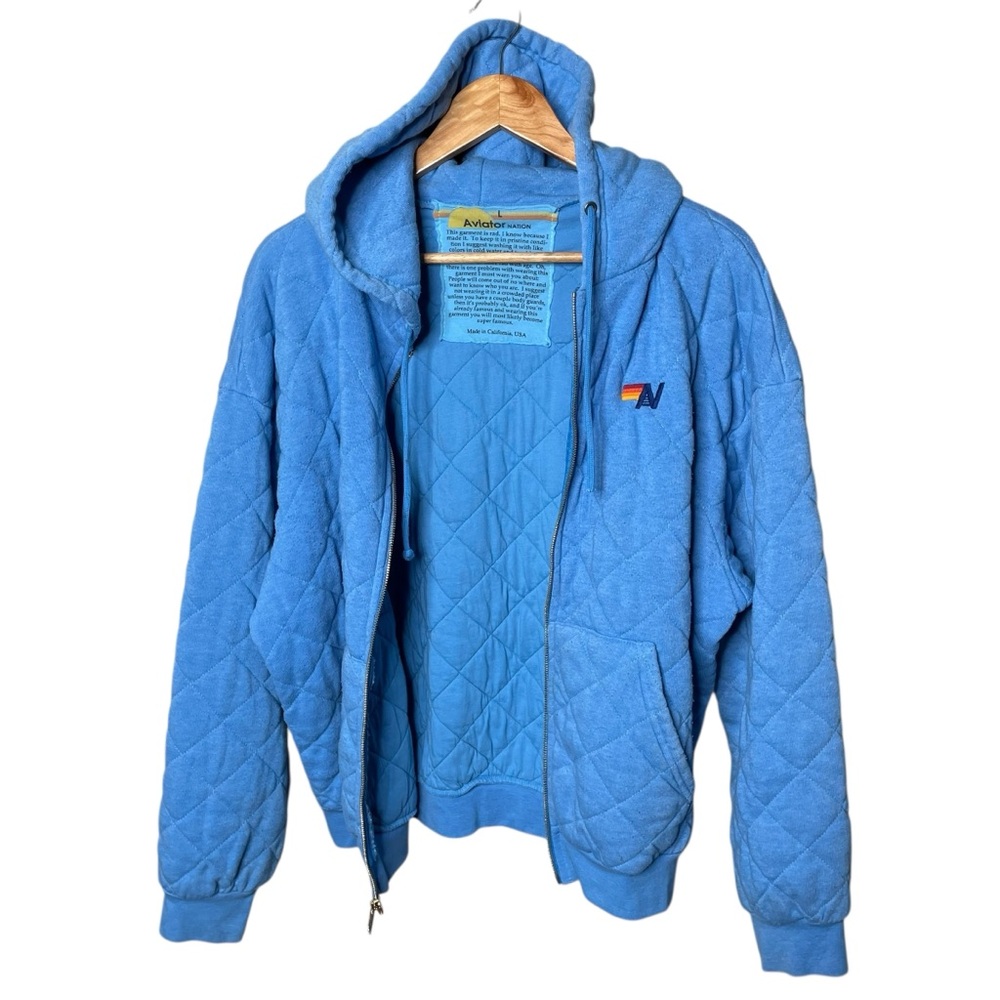 Aviator Nation Quilted Zip Hoodie Relaxed Ocean Blue Unisex Large - Picture 8 of 16